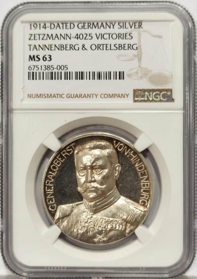 博洋堂世界钱币拍卖第129期（全场包邮） 1914年德国东普鲁士解放兴登堡元帅泰坦之战东线坦能堡大捷银章NGC-MS63，原汁原味老包浆，包浆醇厚，高浮雕设计，类似PL镜面底板，状态极佳。