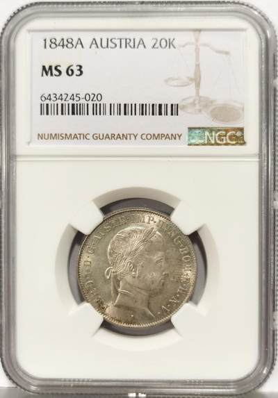 博洋堂世界钱币拍卖第129期（全场包邮） NGC MS63 奥地利1848年A版20K银币