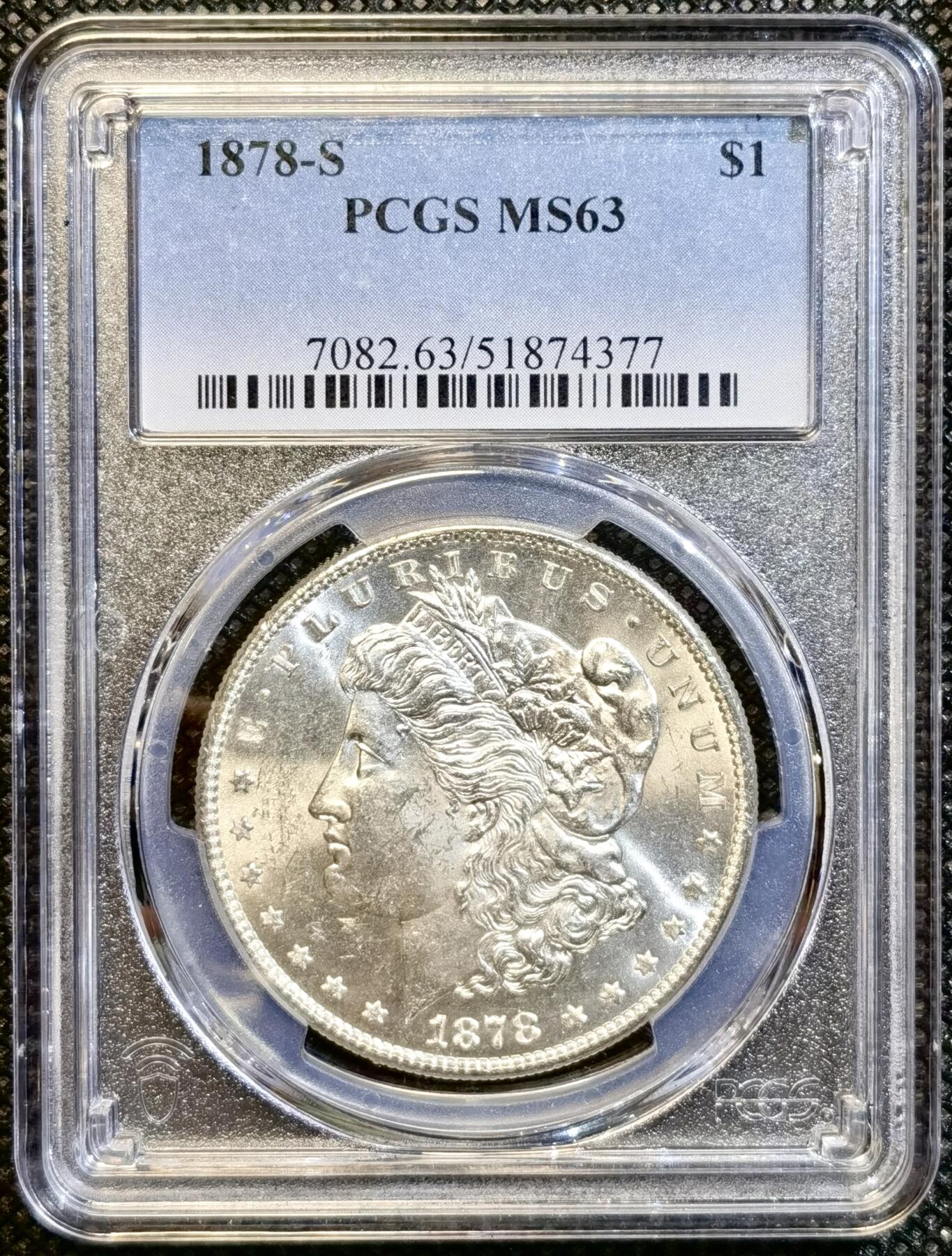  甄臻铺-世界币章拍卖（第23期），送拍享返佣金等优惠多多 PCGS-MS63 1878年S版摩根，发行首年，PL质感地板，模具很新，细节极好