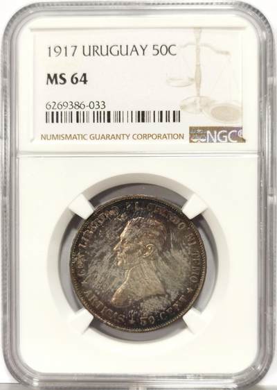 博洋堂世界钱币拍卖第129期（全场包邮） NGC MS64 乌拉圭1917年50分银币