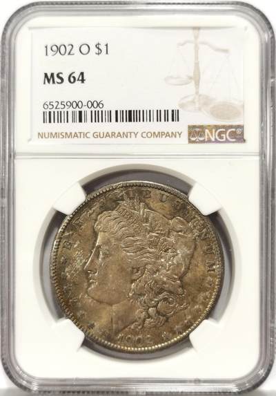 博洋堂世界钱币拍卖第129期（全场包邮） 1902年美国摩根银币O版NGC-MS64，原汁原味双面彩老包浆，包浆醇厚，状态一流。