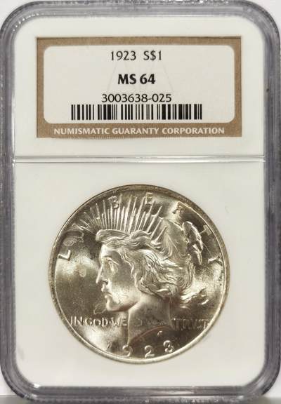 博洋堂世界钱币拍卖第129期（全场包邮） 1923年美国和平银元NGC-MS64，原汁原味，银光闪闪，币面润泽又犀利，清爽干净又舒适，打制深峻，转光强烈细节优秀，状态一流。