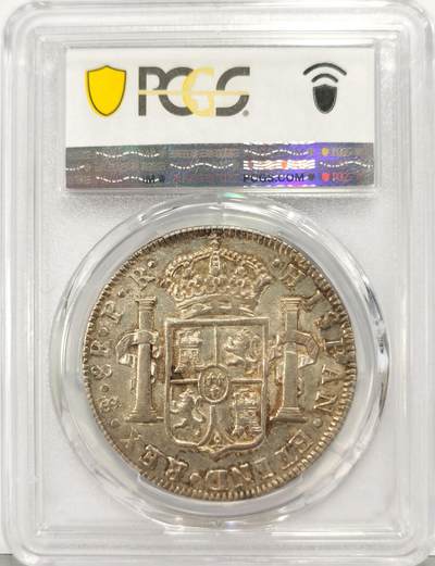 博洋堂世界钱币拍卖第129期（全场包邮） PCGS AU53 西属玻利维亚1780年卡三双柱8R，全身打淡彩包浆，观感不输58