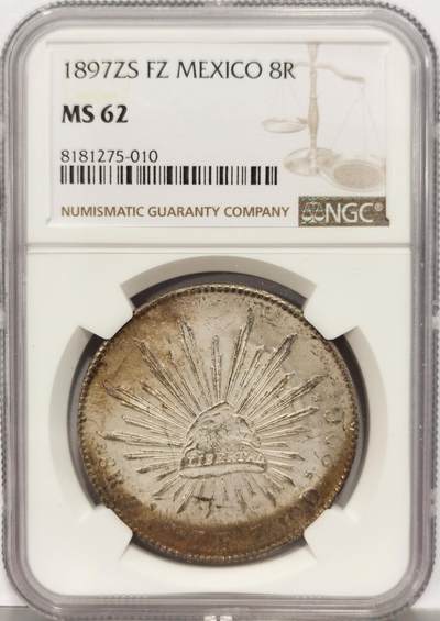 博洋堂世界钱币拍卖第129期（全场包邮） NGC MS62 墨西哥花边鹰洋ZS 1897 FZ 8里亚尔 亚光静素 正面月芽彩