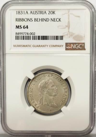 博洋堂世界钱币拍卖第129期（全场包邮） NGC MS64 冠军分！奥地利1831年弗朗茨一世20克鲁泽银币