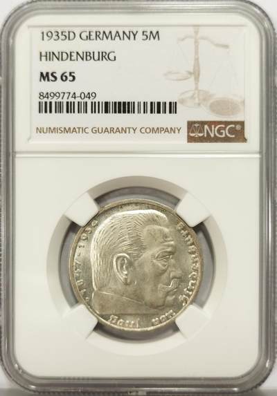 博洋堂世界钱币拍卖第129期（全场包邮） NGC MS65 冠军分！德国第三帝国1935年D版兴登堡5马克银币