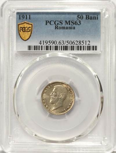 博洋堂世界钱币拍卖第129期（全场包邮） PCGS MS63 罗马尼亚1911年卡罗尔一世50巴尼银币，盒子背面下方卡槽有一小磕