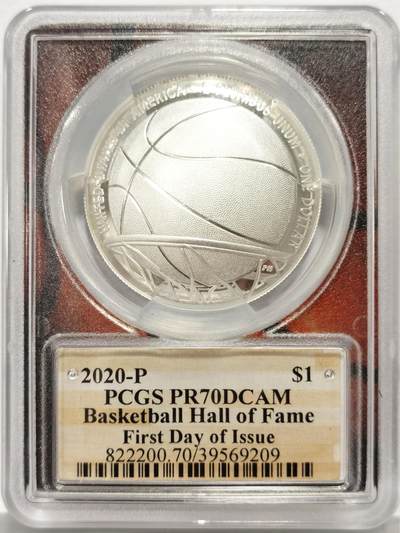 博洋堂世界钱币拍卖第129期（全场包邮） 美国2020年篮球名人堂1美元精制纪念银币PCGS-PR70DCAM，PROOF精制币，币面清爽干净又漂亮，状态一流，冠军分。特殊凹面设计，双倍厚度加厚盒。