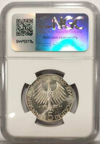 博洋堂世界钱币拍卖第129期（全场包邮） NGC MS64 联邦德国西德1964年费希特逝世150周年5马克纪念银币，西德五大天王之一