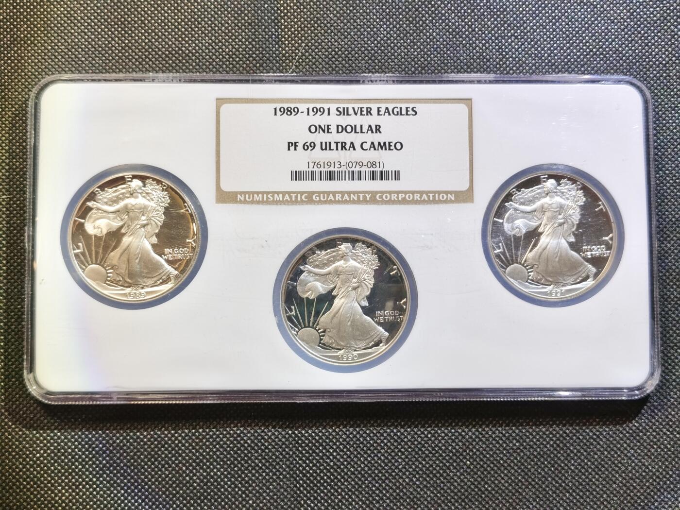 甄臻铺-世界币章拍卖（第23期），送拍享返佣金等优惠多多 NGC-PF69UC 美国1989-1991年行走女神1美元鹰洋精制银币 3枚套盒 美国鹰洋少见早期版本 PROOF版本发行量更为稀少