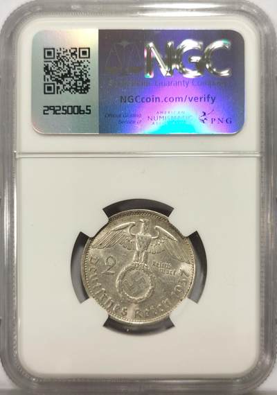 博洋堂世界钱币拍卖第129期（全场包邮） NGC MS63 德国第三帝国1937年F版兴登堡2马克银币