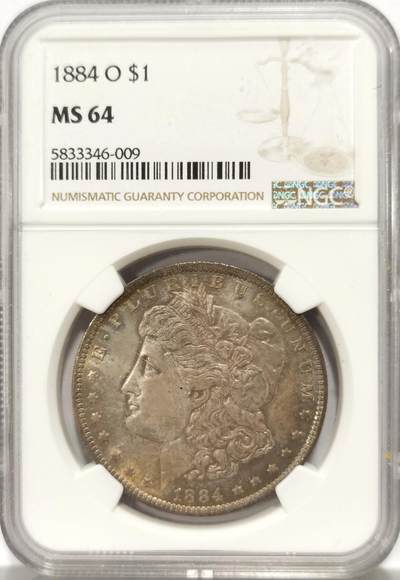 博洋堂世界钱币拍卖第129期（全场包邮） 1884年美国摩根银币O版NGC-MS64，原汁原味双面彩老包浆，包浆醇厚，状态一流。