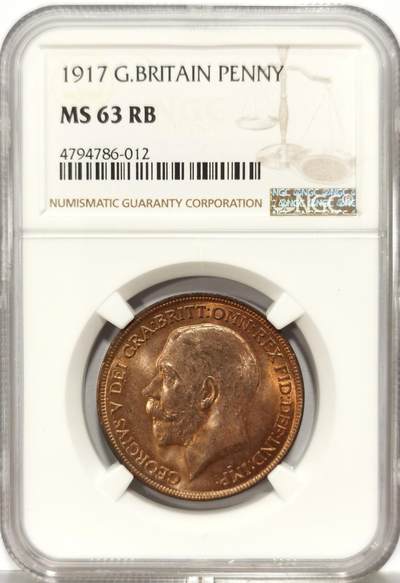 博洋堂世界钱币拍卖第129期（全场包邮） NGC MS63RB 英国1917年乔治五世1便士铜币