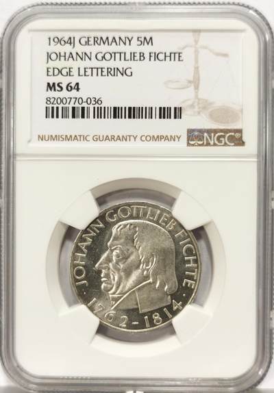 博洋堂世界钱币拍卖第129期（全场包邮） NGC MS64 联邦德国西德1964年费希特逝世150周年5马克纪念银币，西德五大天王之一
