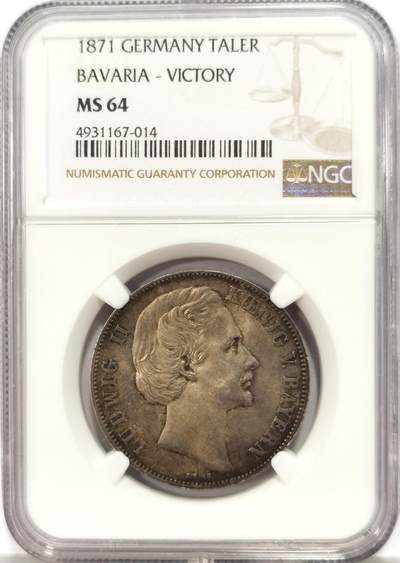 博洋堂世界钱币拍卖第129期（全场包邮） NGC MS64 德国1871年巴伐利亚胜利泰勒 老五彩包浆，面部高点没有蹭痕，转光柔和