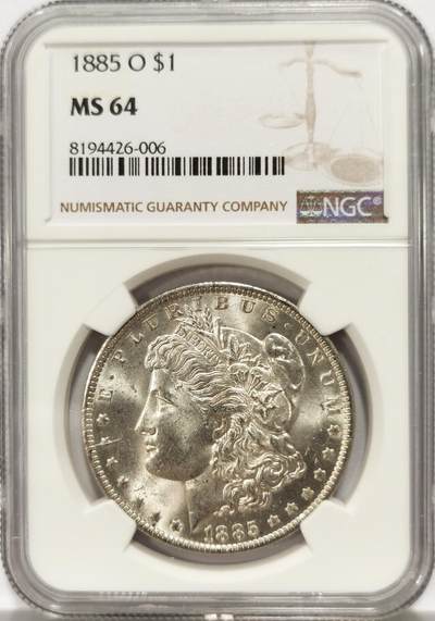 博洋堂世界钱币拍卖第129期（全场包邮） NGC MS64 美国1885年O版摩根银币，币面干净利落，非常漂亮