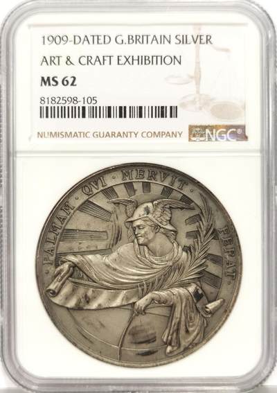 博洋堂世界钱币拍卖第129期（全场包邮） NGC MS62 唯一冠军！大不列颠艺术和工艺博览会大银章，45mm超大尺寸，不列颠女神授予荣誉构图！