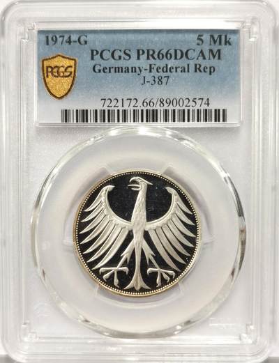 博洋堂世界钱币拍卖第129期（全场包邮） PCGS PR66DCAM 联邦德国西德1974年G版5马克精制银币