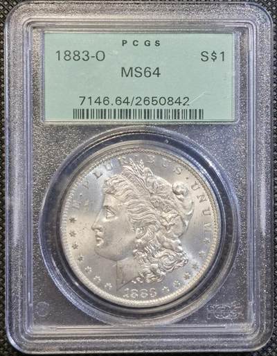  甄臻铺-世界币章拍卖（第23期），送拍享返佣金等优惠多多 - PCGS-MS64 1883年O版摩根，转光犀利，少见PCGS早期盒子