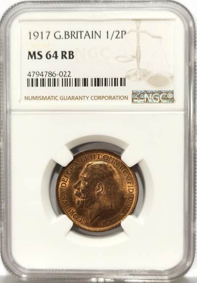 博洋堂世界钱币拍卖第129期（全场包邮） NGC MS64RB 英国1917年乔治五世1/2便士铜币