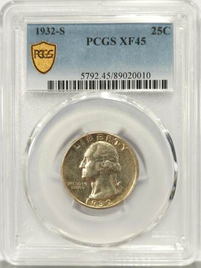 博洋堂世界钱币拍卖第129期（全场包邮） PCGS XF45 美国1932S版华盛顿1/4元，华盛顿Quarter的KEY，铸造量最少的品种，实物黄油光，严重低评