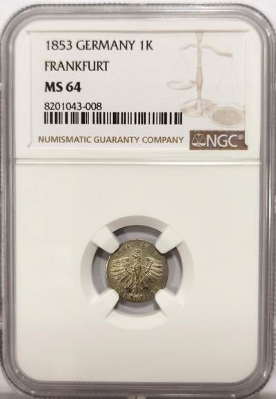 博洋堂世界钱币拍卖第129期（全场包邮） NGC MS64 德国法兰克福1853年离冠鹰1克鲁泽银币