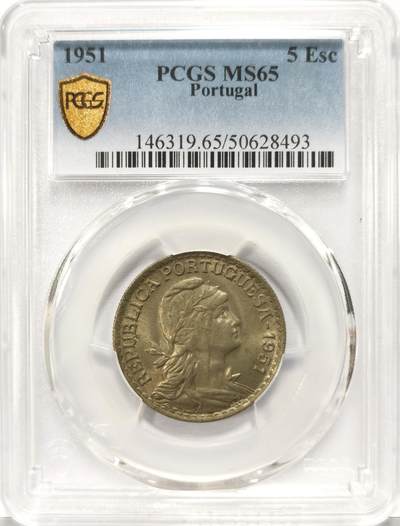 博洋堂世界钱币拍卖第129期（全场包邮） PCGS MS65 葡萄牙1951年1埃斯库多（PC错标为5埃斯库多）