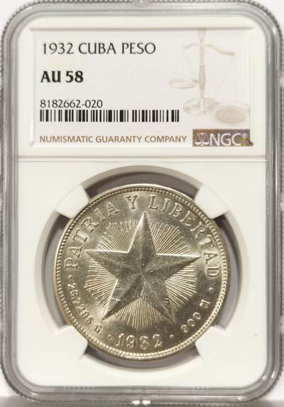 博洋堂世界钱币拍卖第129期（全场包邮） NGC AU58 古巴1932年1比索银币