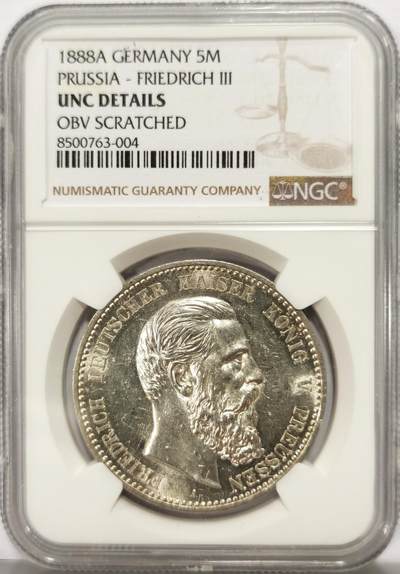 博洋堂世界钱币拍卖第129期（全场包邮） 德国普鲁士1888年三皇之年弗里德里希三世短翅5马克银币NGC-UNCD，币面清爽干净又舒适，打制深峻，类PL镜面，转光强烈细节优秀，状态极佳，MS级品质。疑似错杀。