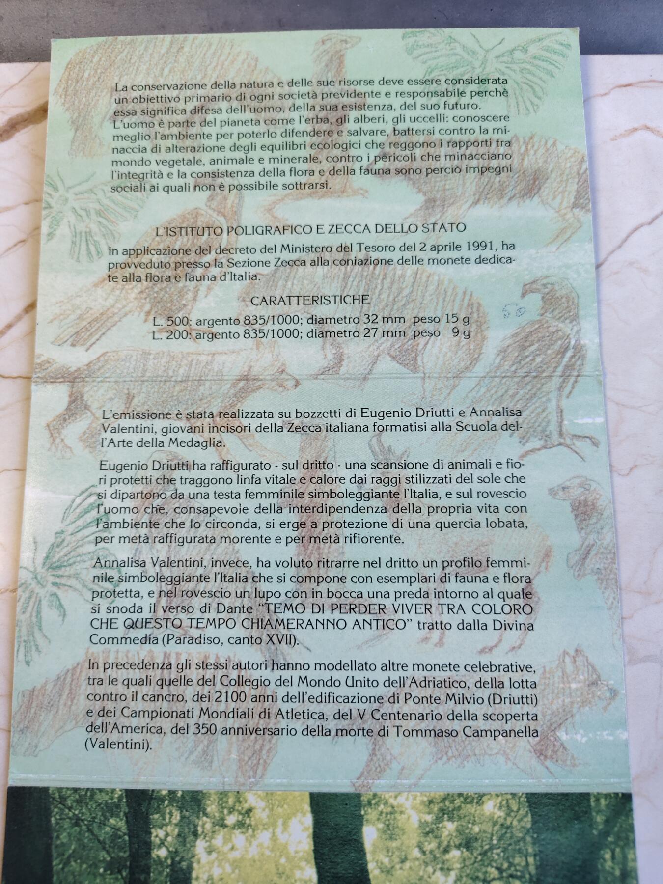 第165期拍卖【长期征集拍品】 意大利1991年动植物系列女神磨砂纪念银币2枚全套，835银，发行50000套，原价350