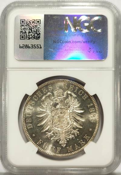 博洋堂世界钱币拍卖第129期（全场包邮） 德国普鲁士1888年三皇之年弗里德里希三世短翅5马克银币NGC-UNCD，币面清爽干净又舒适，打制深峻，类PL镜面，转光强烈细节优秀，状态极佳，MS级品质。疑似错杀。