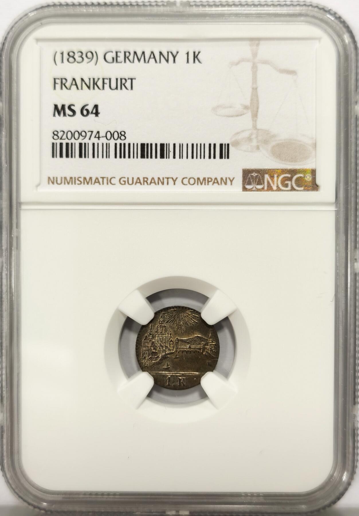博洋堂世界钱币拍卖第129期（全场包邮） NGC MS64 德国法兰克福1839年城市景观1克鲁泽银币