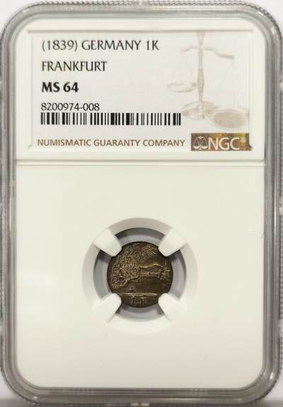 博洋堂世界钱币拍卖第129期（全场包邮） NGC MS64 德国法兰克福1839年城市景观1克鲁泽银币