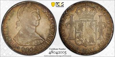 博洋堂世界钱币拍卖第129期（全场包邮） PCGS AU55 西属秘鲁1810年费迪南七世洋葱头双柱8r，很少见的头像版别，原味五彩包浆很舒服