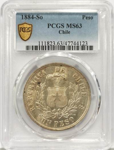 博洋堂世界钱币拍卖第129期（全场包邮） PCGS MS63 智利1884年1比索高山秃鹫