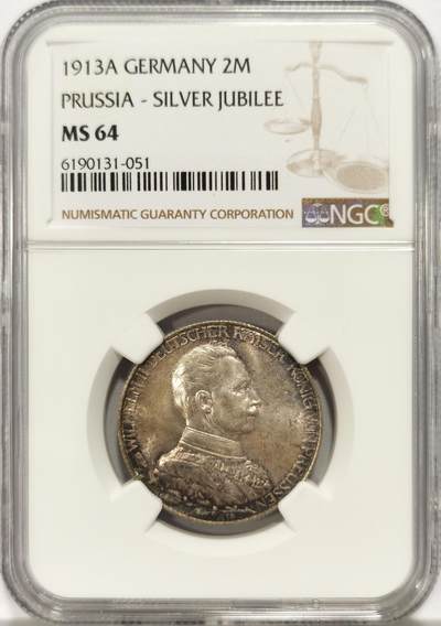 博洋堂世界钱币拍卖第129期（全场包邮） NGC MS64 德国普鲁士1913年2马克银币