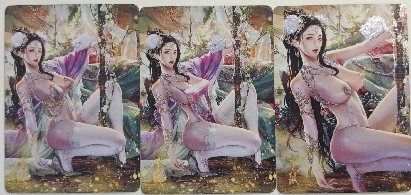 白泽拍卖卡牌手绘专场第20期（夕阳已下月初生，小暑才交雨渐晴） 2024 焱卡文化 十二生肖典藏卡 子鼠3张1套 巴丁绘 逐渐清凉 钻闪
