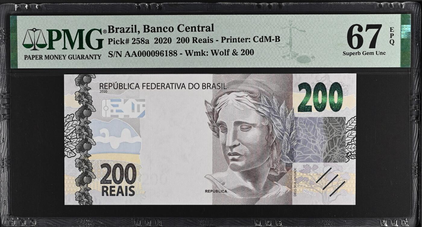 《艾美收藏》第203期-周日外币荟萃 巴西2020年首发AA冠200雷亚尔最高值PMG67E高分倒置号尾88