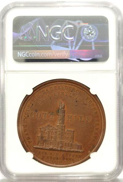 博洋堂世界钱币拍卖第129期（全场包邮） NGC UNC 德国1858年弗兰肯斯坦之火纪念铜章，LOOS作品