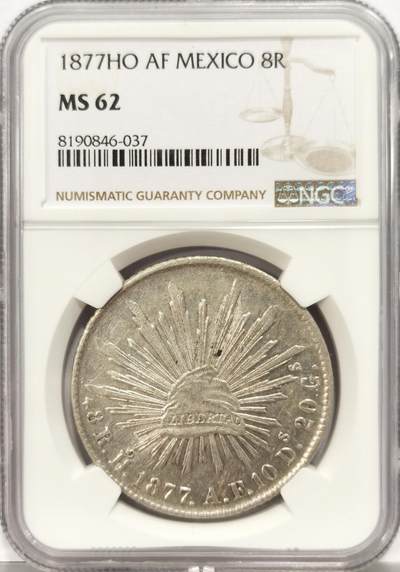 博洋堂世界钱币拍卖第129期（全场包邮） NGC MS62 墨西哥1877年HO AF版花边鹰洋，七级币