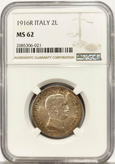 博洋堂世界钱币拍卖第129期（全场包邮） NGC MS62 意大利1916年埃马努埃莱三世2里拉银币。超经典马车设计，早期评级，绝美包浆