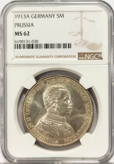 博洋堂世界钱币拍卖第129期（全场包邮） NGC MS62 德国普鲁士1913年5马克银币