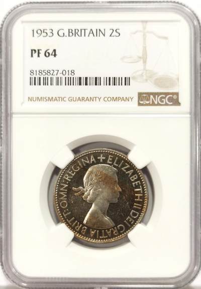 博洋堂世界钱币拍卖第129期（全场包邮） NGC PF64 英国1953年伊丽莎白二世弗洛林 出自精制登基套币。略带包浆，正面凝霜挺棒。