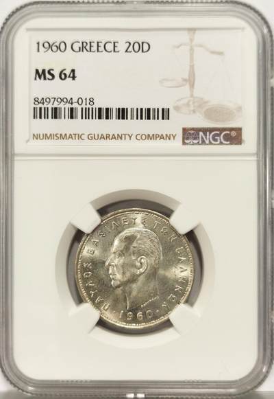 博洋堂世界钱币拍卖第129期（全场包邮） NGC MS64 希腊1960年月亮女神20德拉克马银币，原卷出品，因为设计原因好品相比64年的30德要少见好多。