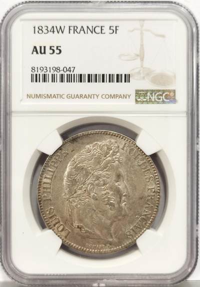 博洋堂世界钱币拍卖第129期（全场包邮） NGC AU55 法国1834年菲利普5法郎大银币，原味状态价格洼地品种，潜力很大