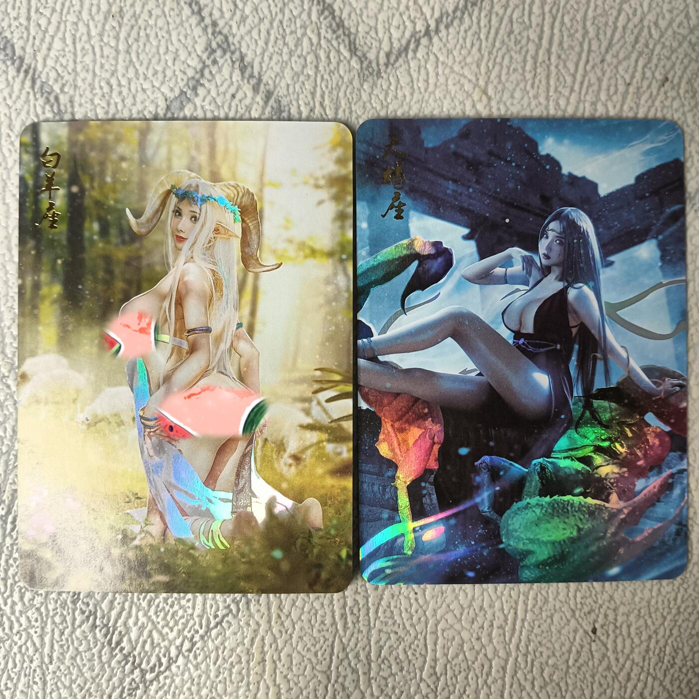 花开卡拍第29期（品控勿拍!!!拍品不寄存，运费5元，自制卡难免瑕疵，可能存在轻微撞角爆边等出厂瑕疵，品控介意勿拍！） 燎原十二星座特卡 天蝎座和白羊座 彩闪两张，默认有细微划痕介意勿拍