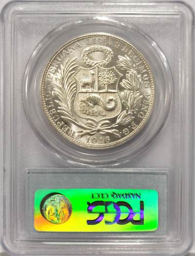 博洋堂世界钱币拍卖第129期（全场包邮） PCGS MS64 秘鲁1916年1索尔银币，凸字版。