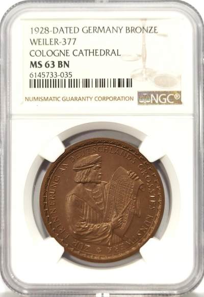博洋堂世界钱币拍卖第129期（全场包邮） NGC MS63BN 德国1928年科隆大教堂纪念铜章