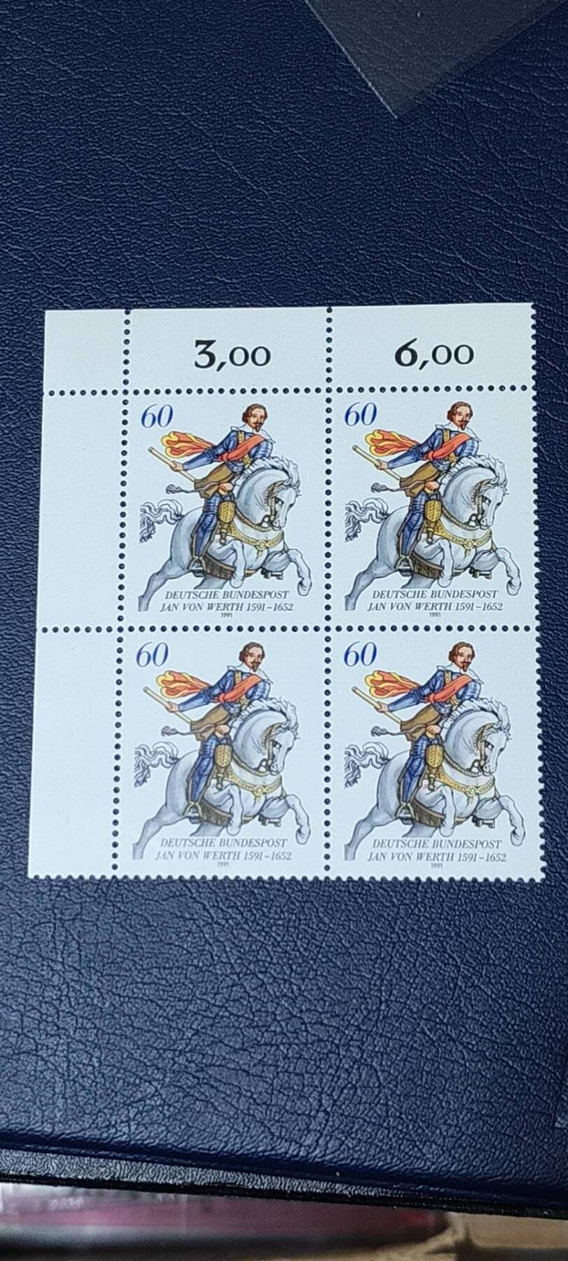 德国邮票专场，都是四方联人物系列邮票 德国邮票四方联一张，1991年发行， 威尔斯将军诞辰400周年。品相如图