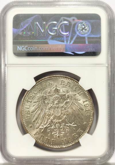 博洋堂世界钱币拍卖第129期（全场包邮） NGC MS62 德国普鲁士1913年5马克银币